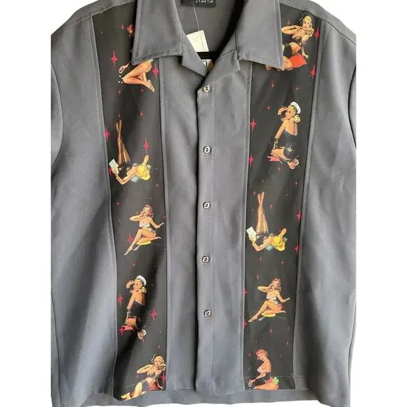 Vintage Steady Last Call Men's Shirt M Short Sleeve Gray Button Pinup Girls - Picture 2 of 12